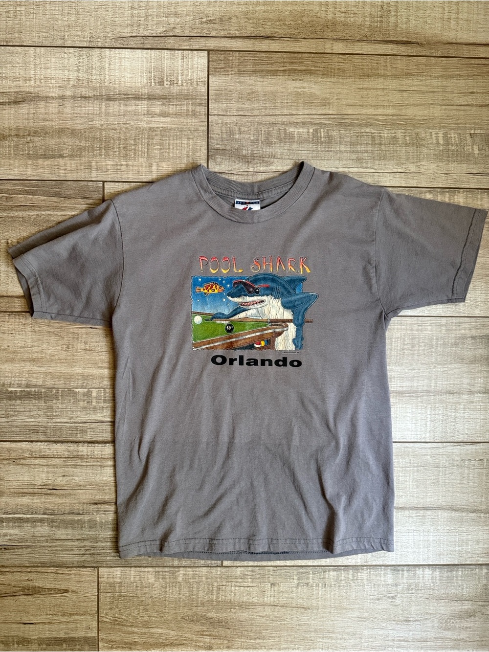 Vintage 2001 Jerzees "Pool Shark" Orlando T-Shirt - Grey Youth L (14-16)